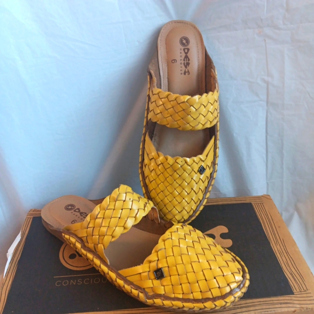Yellow Woven Leather Mules with Intricate Design
